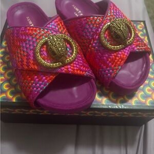 Kurt Geiger Pink and Orange Woven Sandals with Gold Buckle
